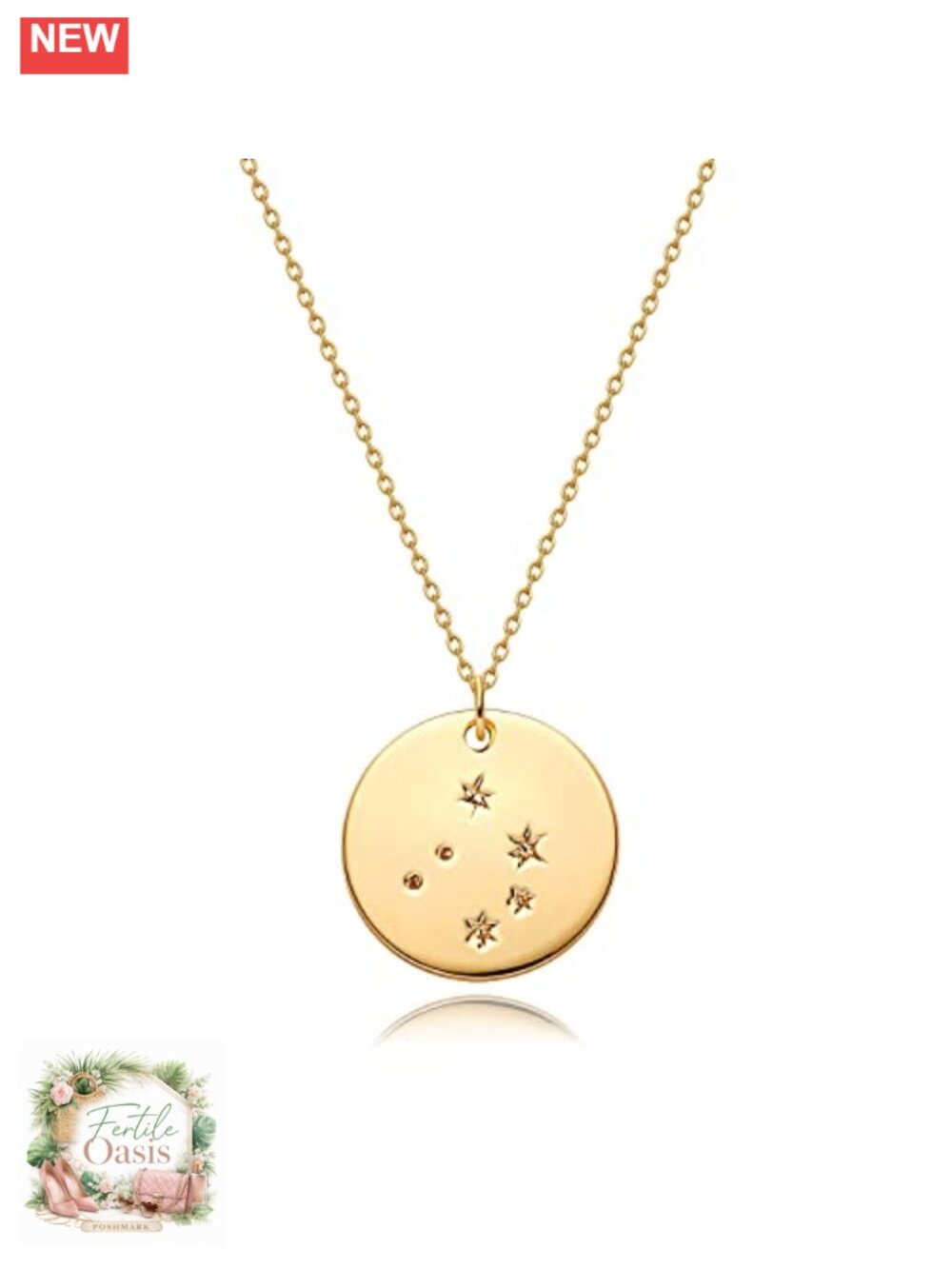 Engraved Libra Zodiac Constellation Disc Necklace 18K Gold Plated Brass